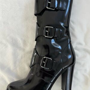 Tamara Mellon Black High Heel Buckle Boots Size 37 1/2
